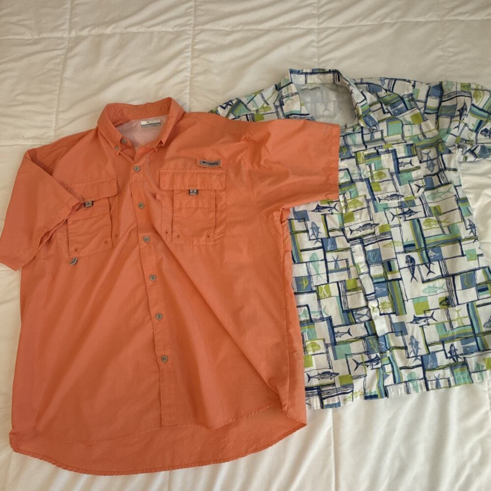 Lot of 2 Columbia Mens PFG‎ Vented Fishing Button Up Short Sleeve Shirts Size L